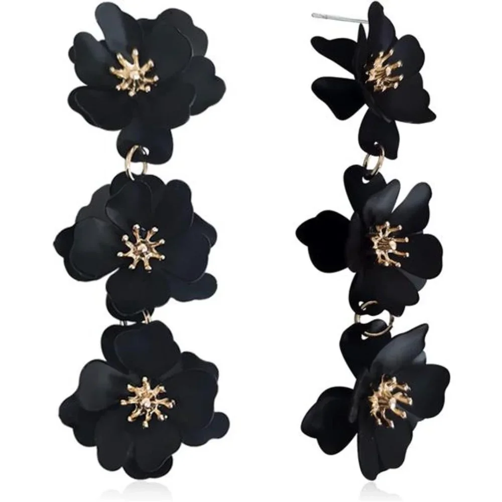 Black Matte Flower Dangle Earrings Tiered Floral‎ Drop Stud Chandelier Earrings - Picture 4 of 6